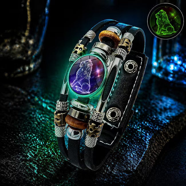 💥Last-day sale – 50% off ☪️Glow-in-the-dark leather zodiac sign bracelet for men and women (6.9/8.1 inches)♑️