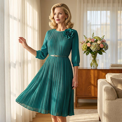 💥Women's 3/4 Sleeve Pleated Midi Dress with Belt