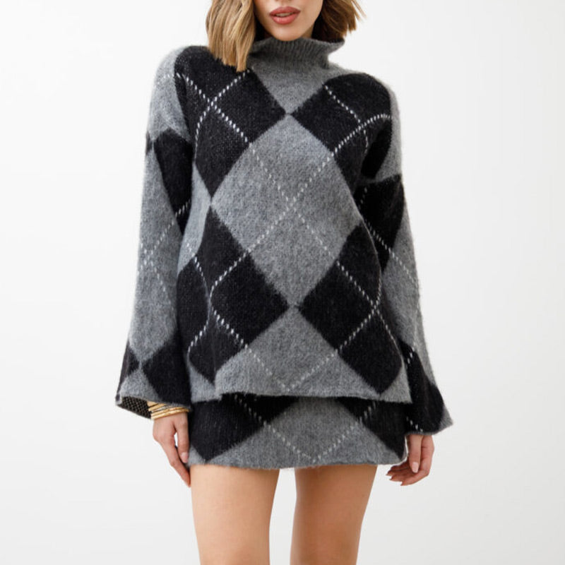👚Diamond-patterned knit sweater and skirt 2-piece set – Effortless Stylish Outfit in One