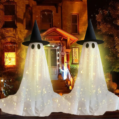 👻✨Halloween Spooky Lighted Ghost Decor Set, Indoor Outdoor Decorative Wind-Resistant Party Decoration Set with String Lights, Waterbags & Hats for Porch Yard, Lighted Party