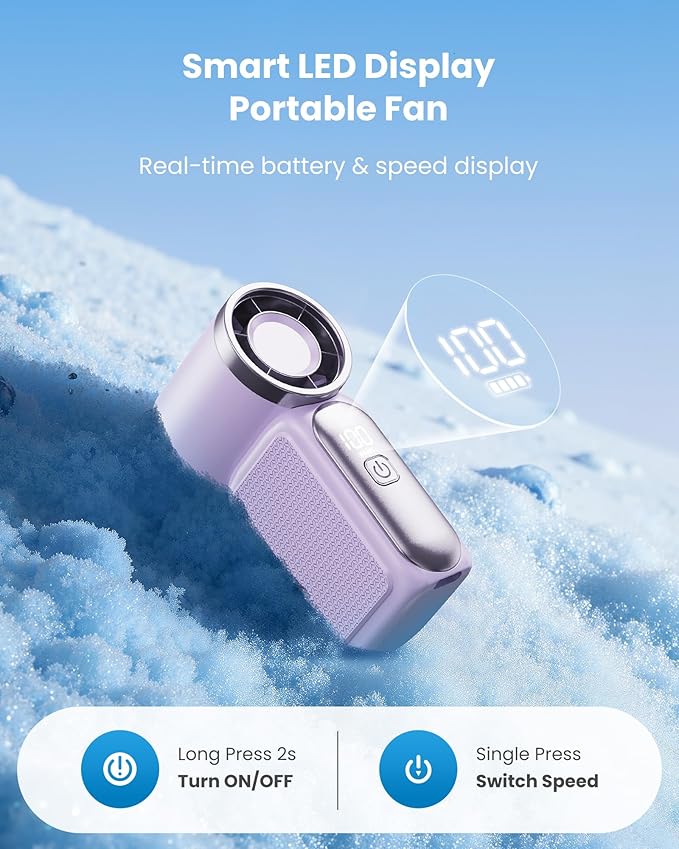 ❄️Mini Handheld Fan with LED Display👍5-Speed Turbo Pocket size Fan✨USB Rechargeable, High-Speed Cooling for Travel & Makeup