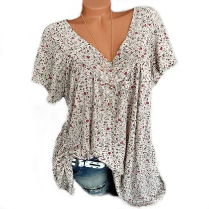 🌞Spring Awakening: 50% Off!🌸Women's Short-Sleeve Blouse with Spring Floral Print: V-Neck & Relaxed Fit – Breathable, Wrinkle-Free & Figure-Flattering for Spring & Summer
