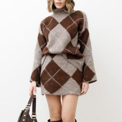 👚Diamond-patterned knit sweater and skirt 2-piece set – Effortless Stylish Outfit in One