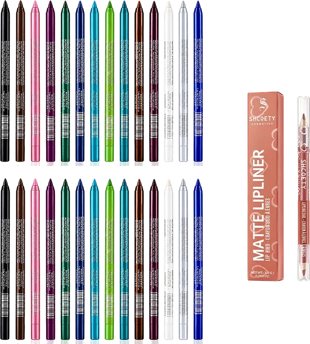 🌈14-Pack Waterproof Colored Gel Eyeliner Pencil – Metallic & Shimmer Finishes, Smudge-Proof（Pencil sharpener color is random）