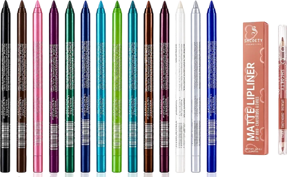 🌈14-Pack Waterproof Colored Gel Eyeliner Pencil – Metallic & Shimmer Finishes, Smudge-Proof（Pencil sharpener color is random）