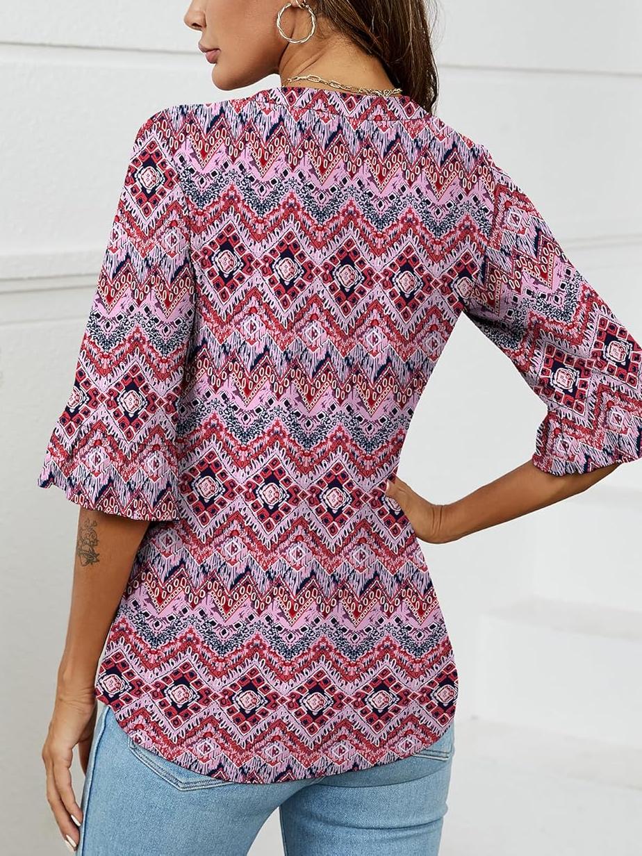 💕Limited Time Sale 50% Off👚Women's 3/4 Length Sleeve V-Neck Ruffle Sleeve Tunic Blouses