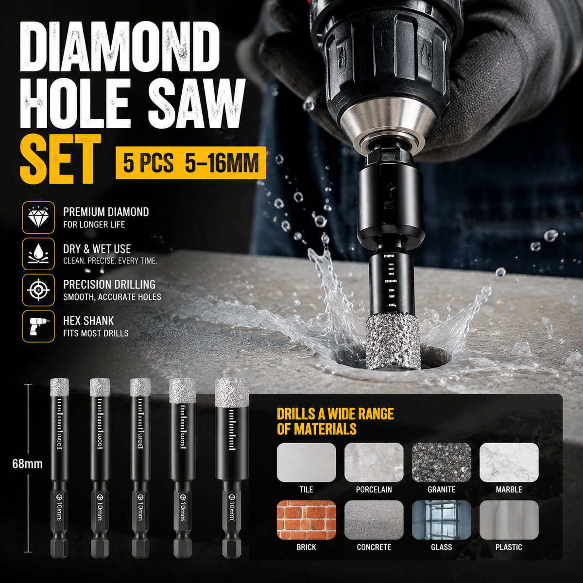 Diamond Drill Bits Set – 5-16mm Sizes, Hex Shank, Dry/Wet Use – Smooth Precision Holes