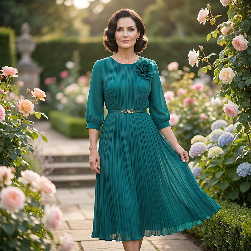 💥Women's 3/4 Sleeve Pleated Midi Dress with Belt
