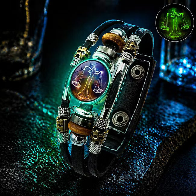 💥Last-day sale – 50% off ☪️Glow-in-the-dark leather zodiac sign bracelet for men and women (6.9/8.1 inches)♑️