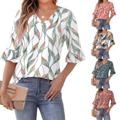💕Limited Time Sale 50% Off👚Women's 3/4 Length Sleeve V-Neck Ruffle Sleeve Tunic Blouses