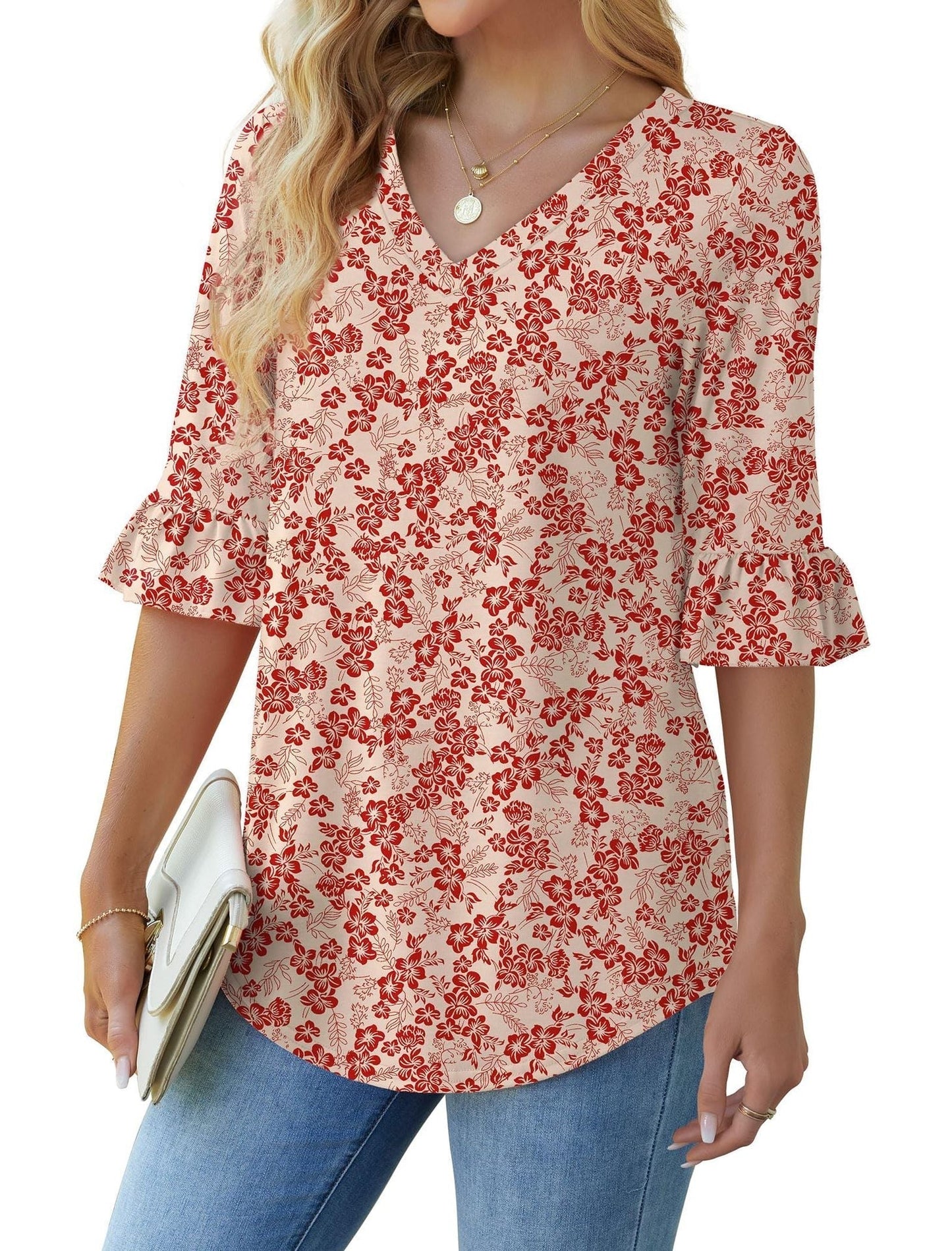 💕Limited Time Sale 50% Off👚Women's 3/4 Length Sleeve V-Neck Ruffle Sleeve Tunic Blouses