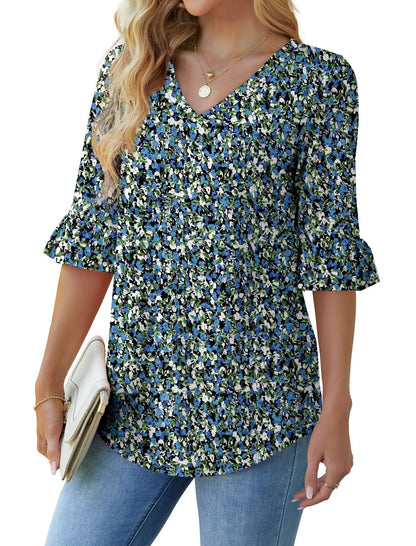 💕Limited Time Sale 50% Off👚Women's 3/4 Length Sleeve V-Neck Ruffle Sleeve Tunic Blouses
