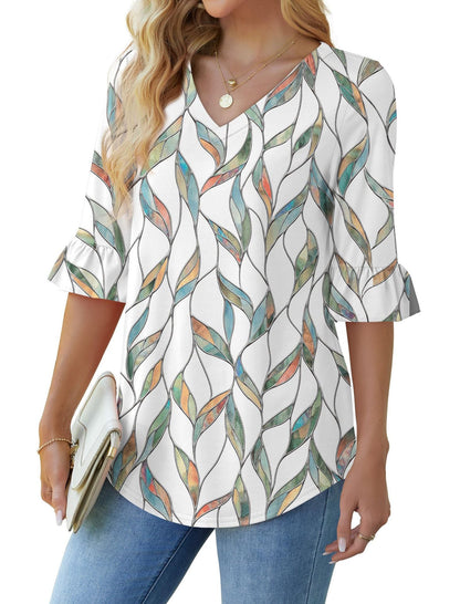 💕Limited Time Sale 50% Off👚Women's 3/4 Length Sleeve V-Neck Ruffle Sleeve Tunic Blouses