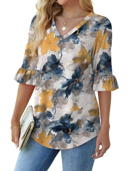 💕Limited Time Sale 50% Off👚Women's 3/4 Length Sleeve V-Neck Ruffle Sleeve Tunic Blouses