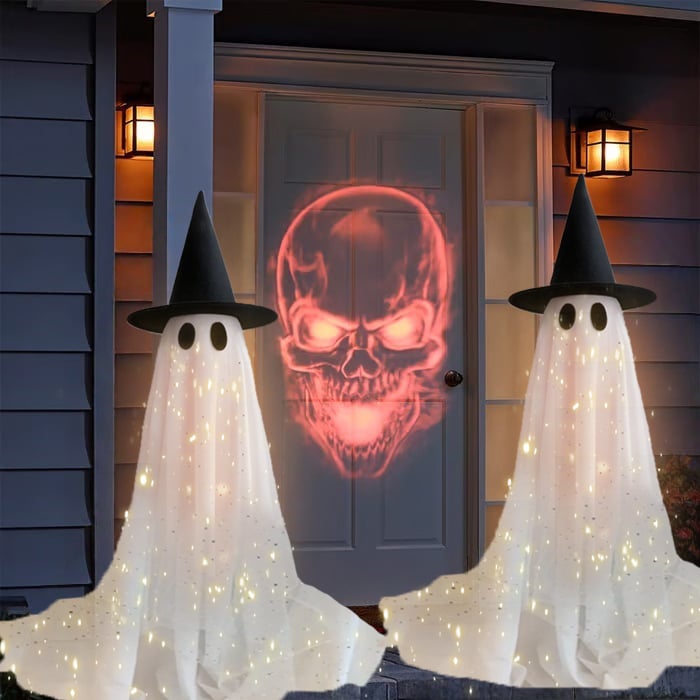 👻✨Halloween Spooky Lighted Ghost Decor Set, Indoor Outdoor Decorative Wind-Resistant Party Decoration Set with String Lights, Waterbags & Hats for Porch Yard, Lighted Party