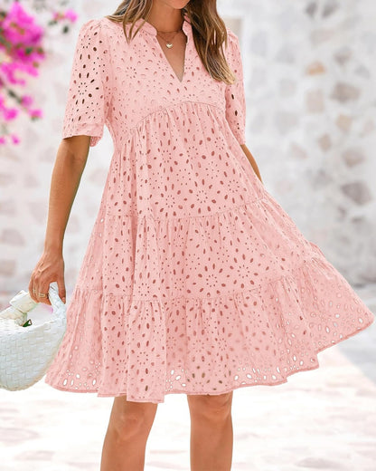 ⏰2025 Hot Sale -Women's Elegant Hollow Out Lace Ruffle Casual Mini Dress