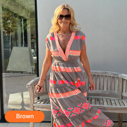 💕What should I wear tomorrow?💕Women's Loose V-Neck Vintage Stripe Pattern Sleeveless Dress