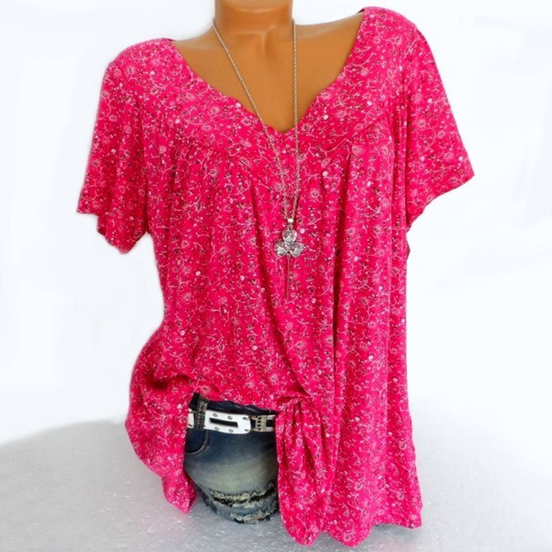 🌞Spring Awakening: 50% Off!🌸Women's Short-Sleeve Blouse with Spring Floral Print: V-Neck & Relaxed Fit – Breathable, Wrinkle-Free & Figure-Flattering for Spring & Summer
