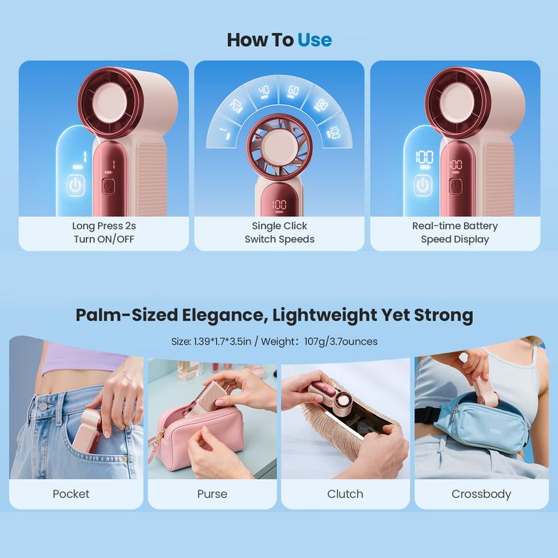 ❄️Mini Handheld Fan with LED Display👍5-Speed Turbo Pocket size Fan✨USB Rechargeable, High-Speed Cooling for Travel & Makeup