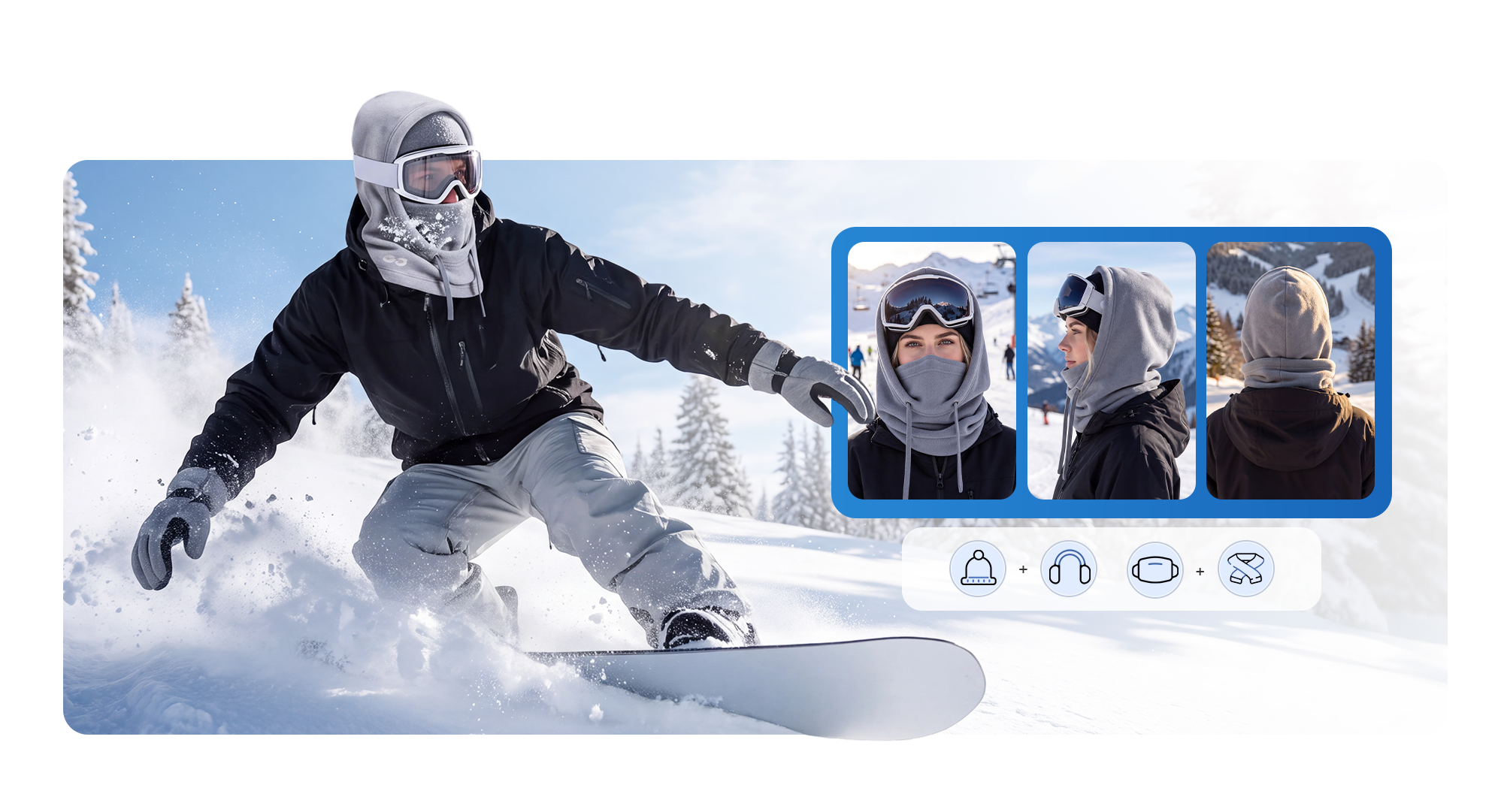 Winter balaclava coverage for head, ears, face and neck, shown in three views