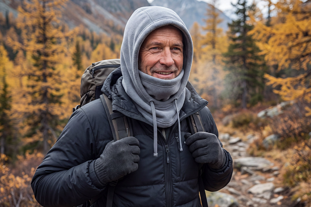 Gray winter balaclava worn for outdoor hiking