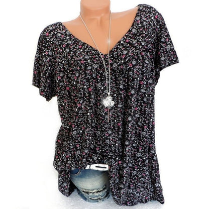 🌞Spring Awakening: 50% Off!🌸Women's Short-Sleeve Blouse with Spring Floral Print: V-Neck & Relaxed Fit – Breathable, Wrinkle-Free & Figure-Flattering for Spring & Summer