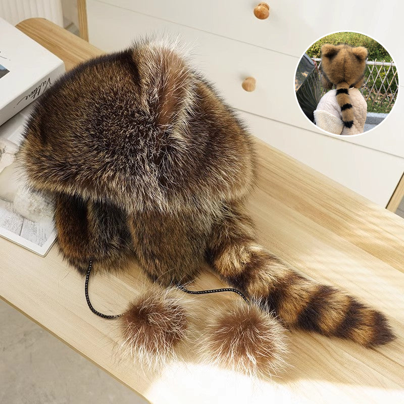 🎁Cute Faux fur Raccoon Tail Parent-Child Plush Hat
