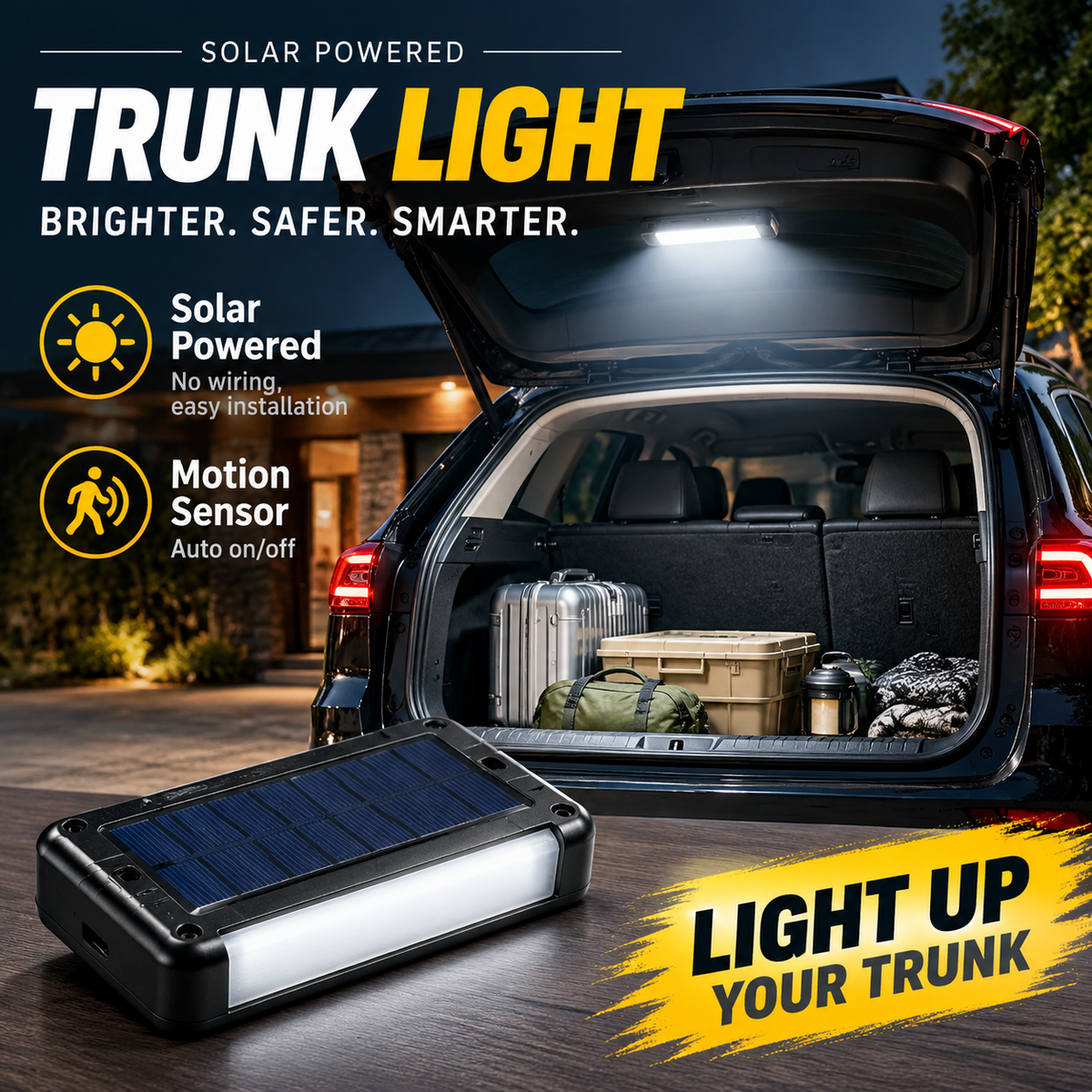 Solar LED trunk lighting for cars – Automatic sensor, wireless, 6 colors, for SUVs and vehicles