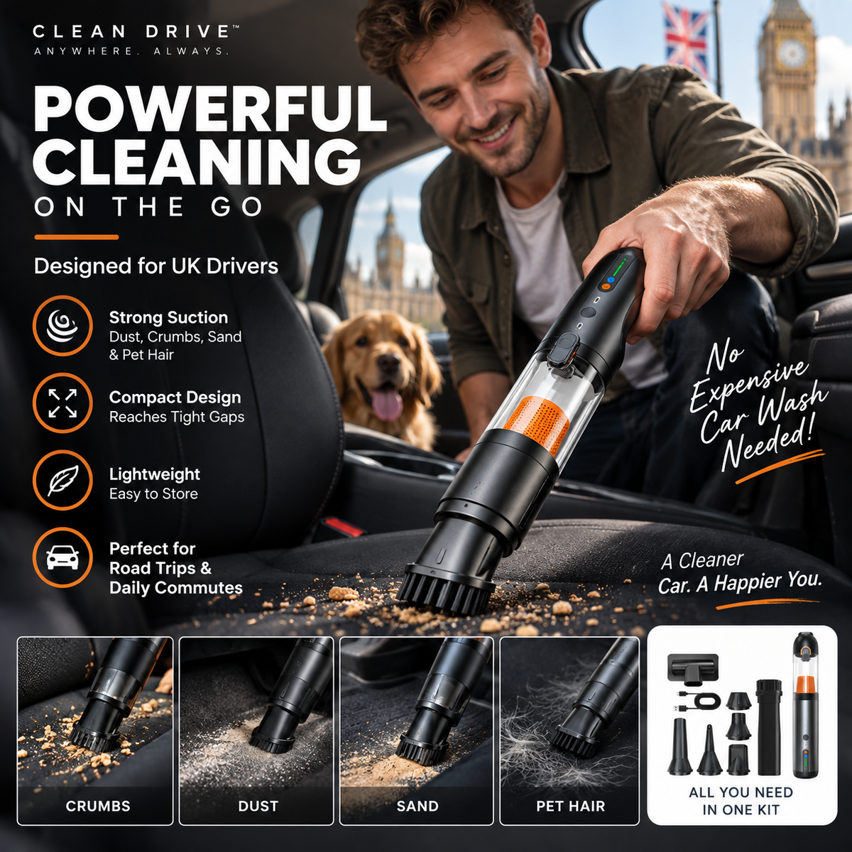 Portable Handheld Car Vacuum Cleaner — 120W Cordless Mini Vac with 20000Pa Suction