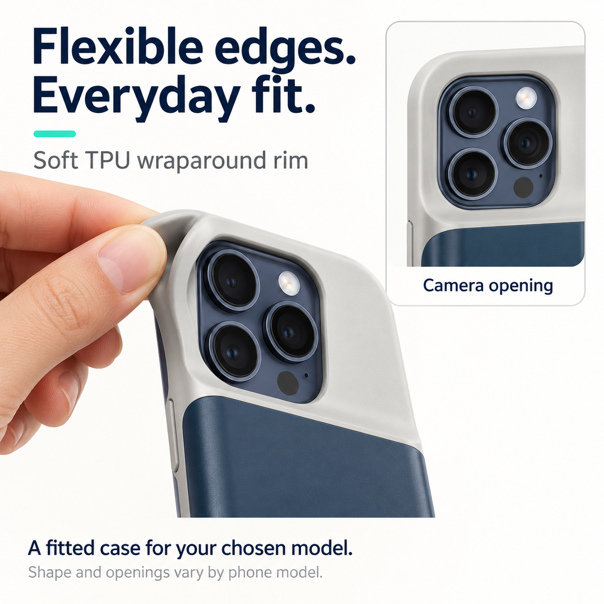 Flexible TPU rim and camera opening on the blue battery case.