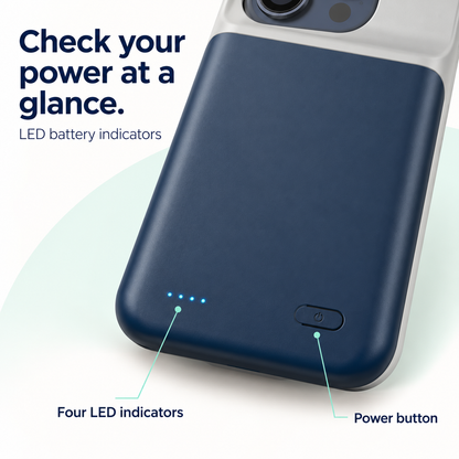 Close-up of the four LED battery indicators and the rear power button.