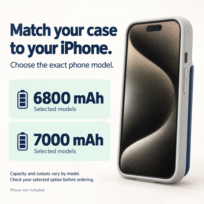 6800 mAh and 7000 mAh battery case options; choose your exact iPhone model.