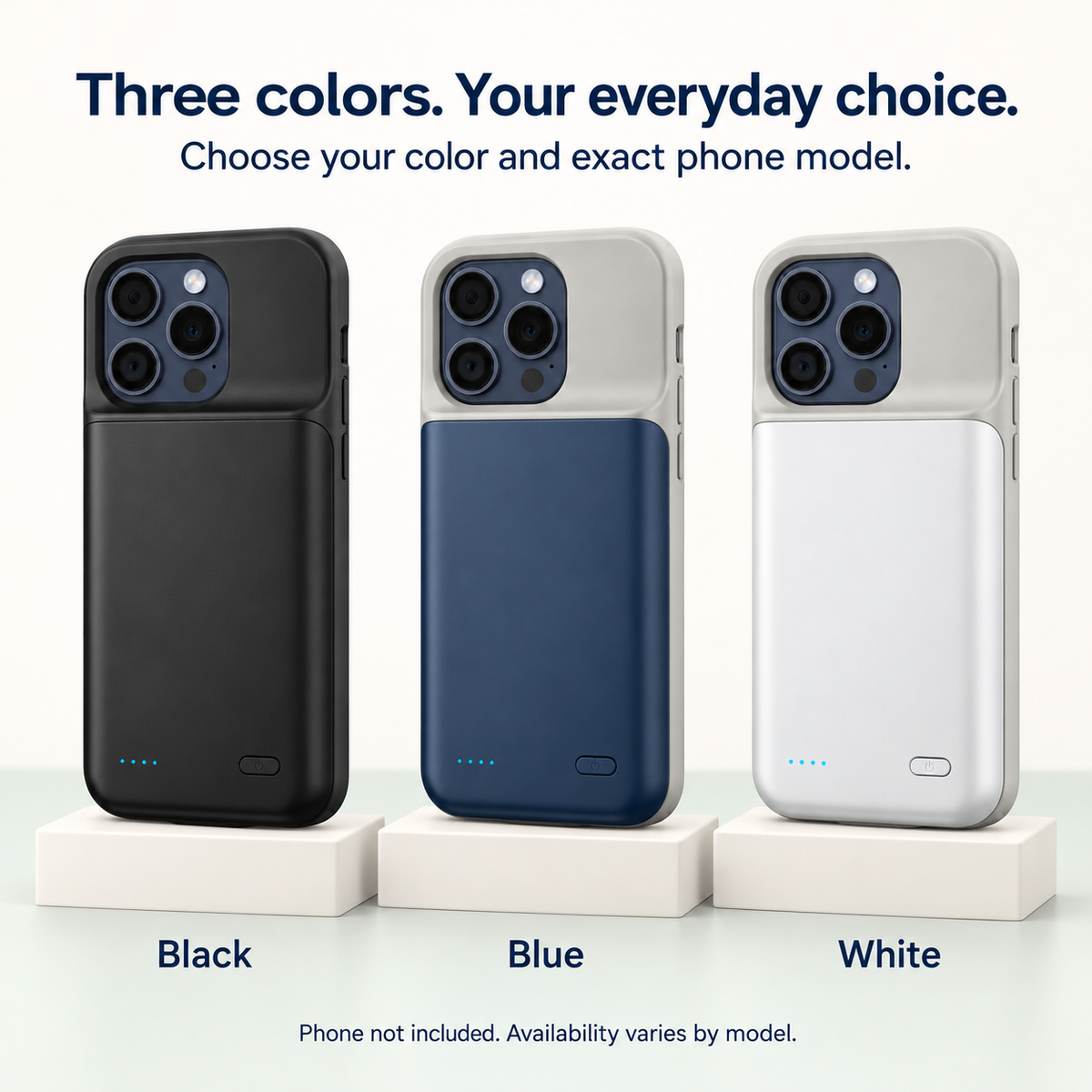 Black, Blue and White iPhone battery cases shown together.