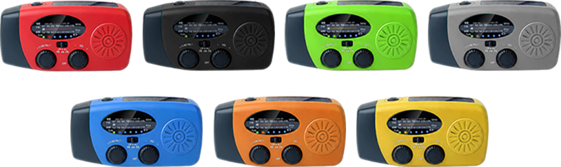 Emergency radio in red, black, green, silver, blue, orange and yellow