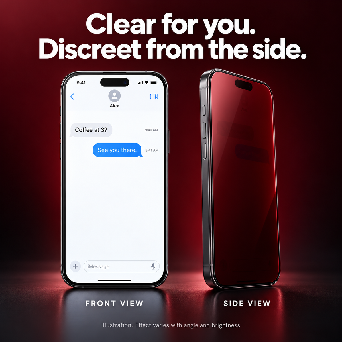 Front and side view comparison of red shimmer privacy screen protector