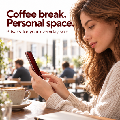 A customer viewing her phone directly in a cafe while the privacy glass appears dark red from a side angle.