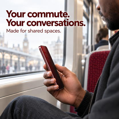 A commuter using a phone with red shimmer privacy glass, shown from a neighboring side angle.