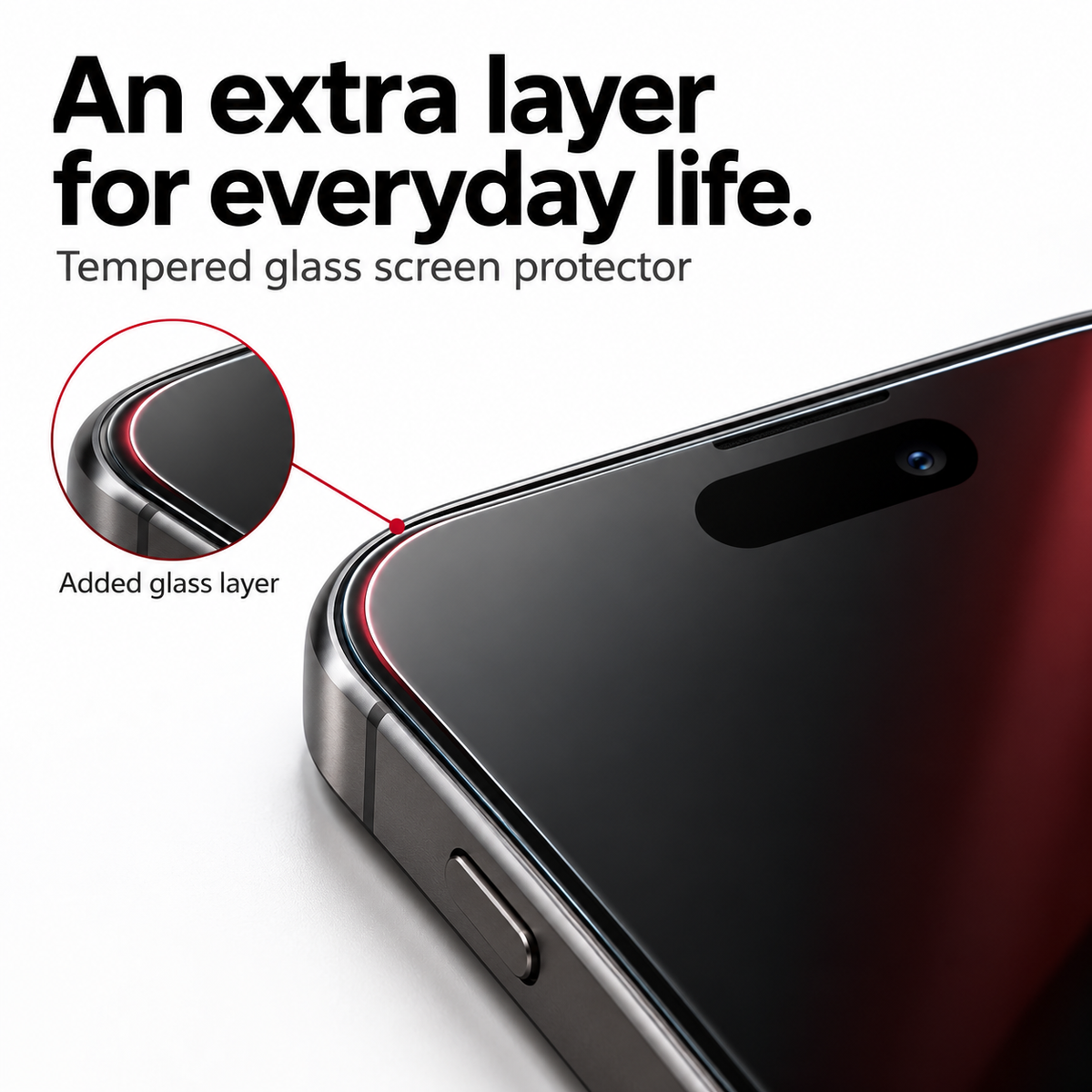 Close-up illustration of the added tempered glass layer along a phone screen edge