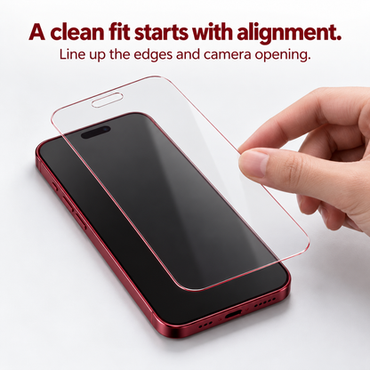 A single thin glass screen protector held above a phone for alignment with its screen edges and camera opening.