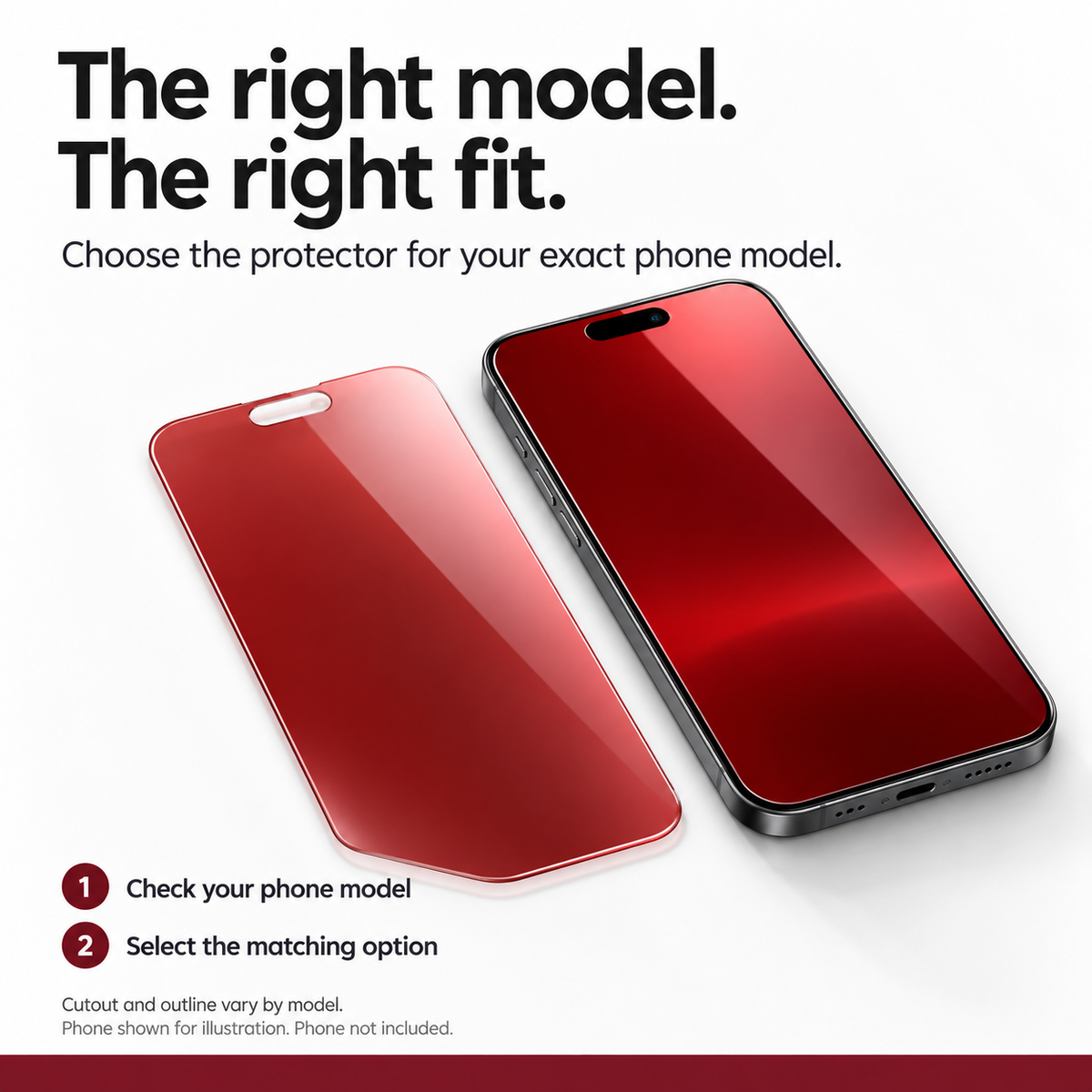 Red shimmer screen protector and phone shown with model selection guidance
