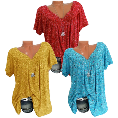 🌞Spring Awakening: 50% Off!🌸Women's Short-Sleeve Blouse with Spring Floral Print: V-Neck & Relaxed Fit – Breathable, Wrinkle-Free & Figure-Flattering for Spring & Summer