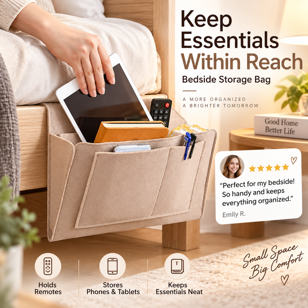 🛏️50% OFF NOW! Bedside Hanging Storage Bag‑Multi‑Pocket Bed Caddy Organizer, Felt Hanging Pouch for Dorm Bunk Bed Hold Tablet Book Phone Stationery