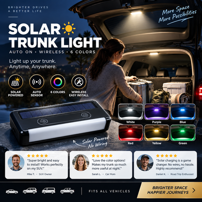 Solar LED trunk lighting for cars – Automatic sensor, wireless, 6 colors, for SUVs and vehicles