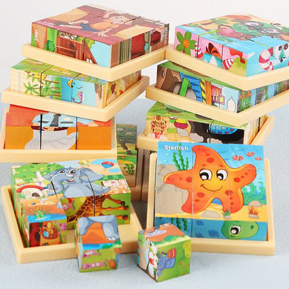 9pcs Six-sided Picture 3D Wooden Puzzle Kit