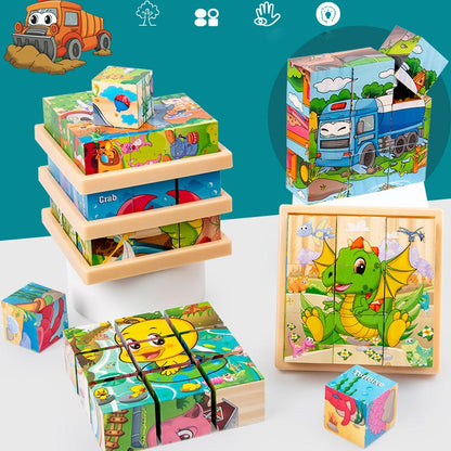 9pcs Six-sided Picture 3D Wooden Puzzle Kit