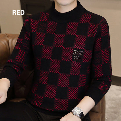 🔥New Year Promotion🔥Men's Checkered Printed Mock Neck Thickened Pullover Sweater
