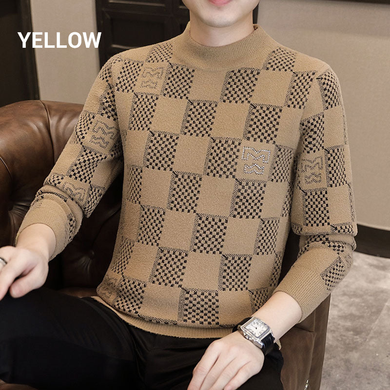 🔥New Year Promotion🔥Men's Checkered Printed Mock Neck Thickened Pullover Sweater