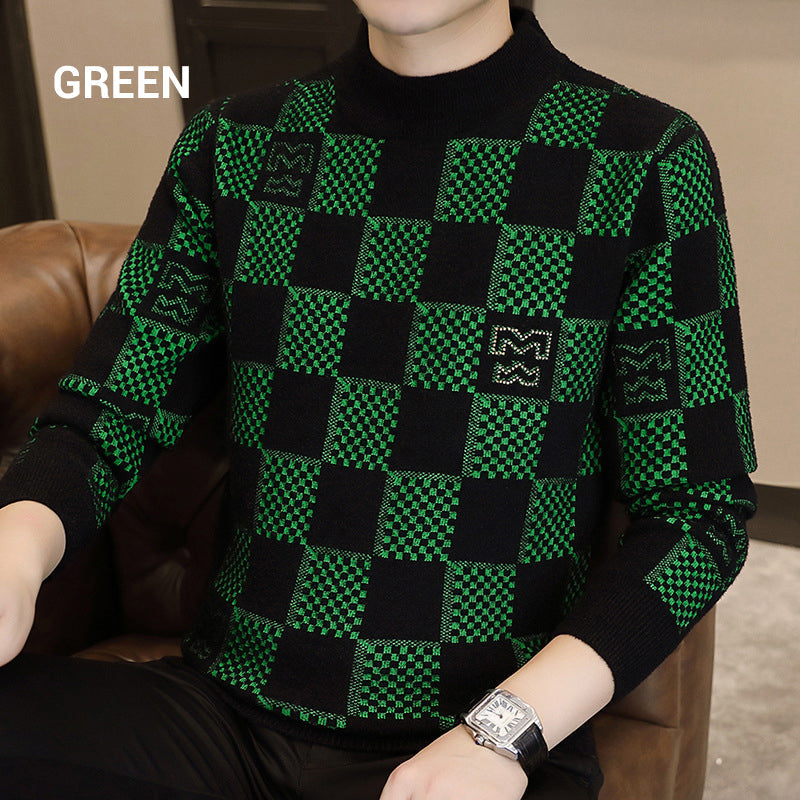 🔥New Year Promotion🔥Men's Checkered Printed Mock Neck Thickened Pullover Sweater
