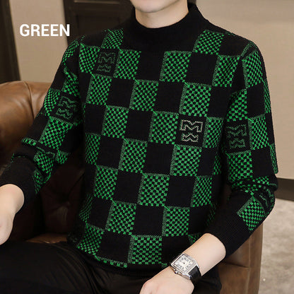 🔥New Year Promotion🔥Men's Checkered Printed Mock Neck Thickened Pullover Sweater
