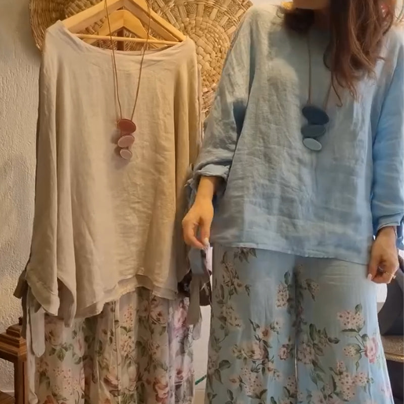 🌸50% Off Spring Sale🌸💐Women's Loose Fit Blouse & Floral Printed Wide-Leg Pants Set